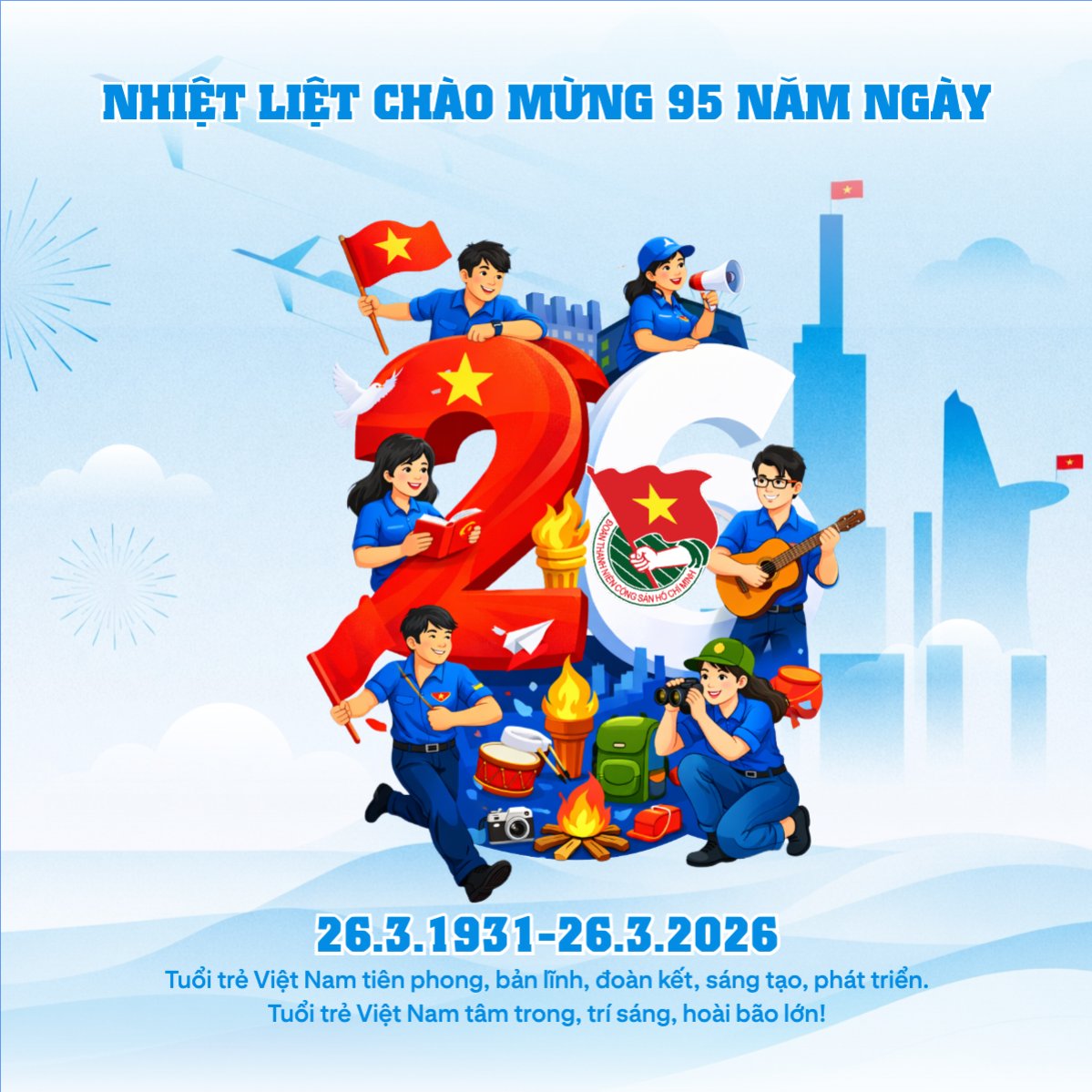 Mẫu Bài post MXH vuông Chào mừng kỷ niệm ngày thành lập Đoàn TNCS Hồ Chí Minh 26/3 — LayerPic