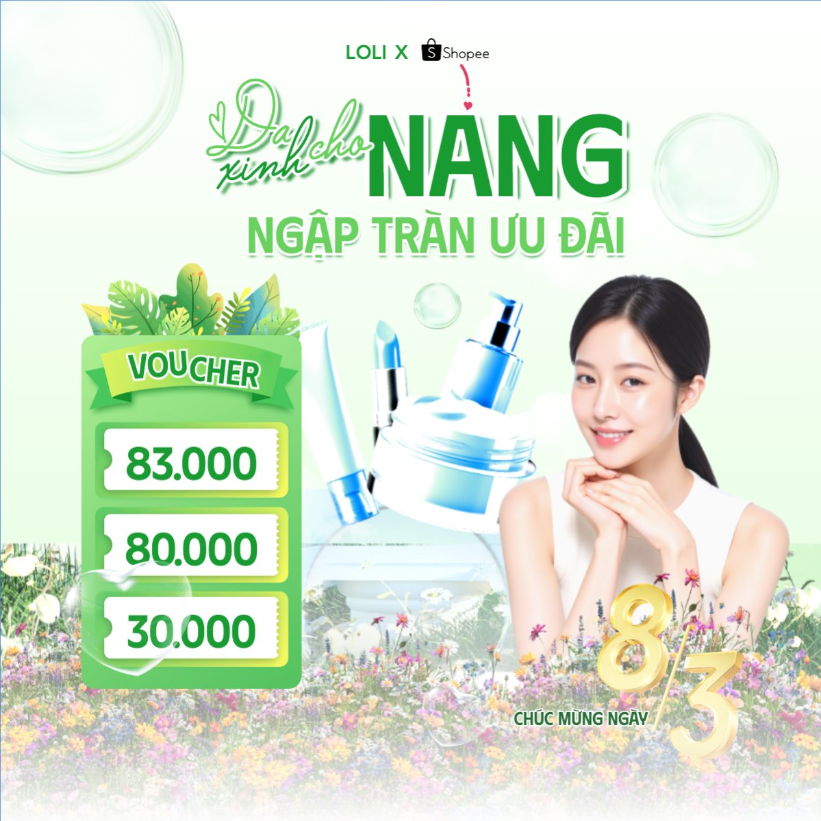 Mẫu Bài post MXH vuông Da xinh cho nàng ngập tràn ưu đãi 8/3 — LayerPic