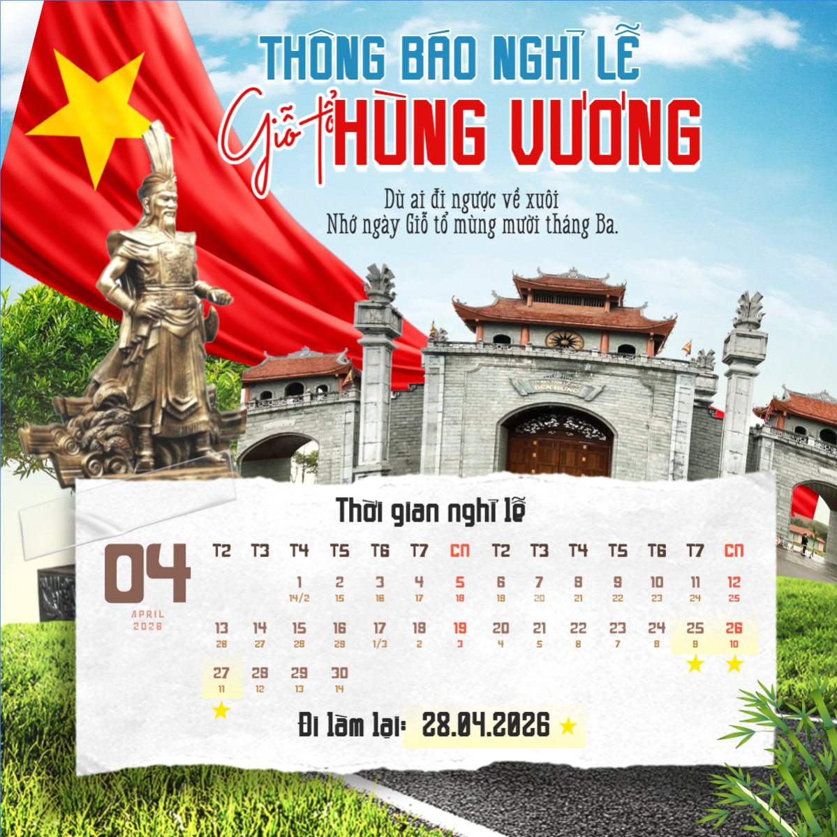 Mẫu Bài post MXH vuông Thông báo nghỉ lễ Giỗ tổ Hùng Vương 2026 — LayerPic