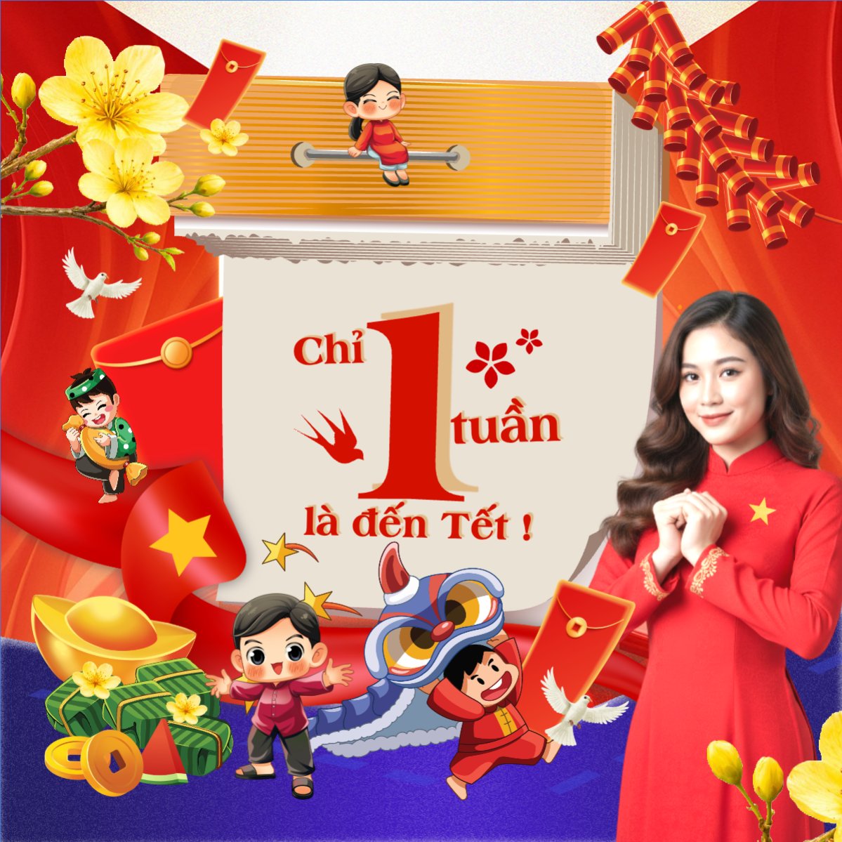 Mẫu Bài post MXH vuông Chỉ còn 1 ngày nữa là đến tết — LayerPic
