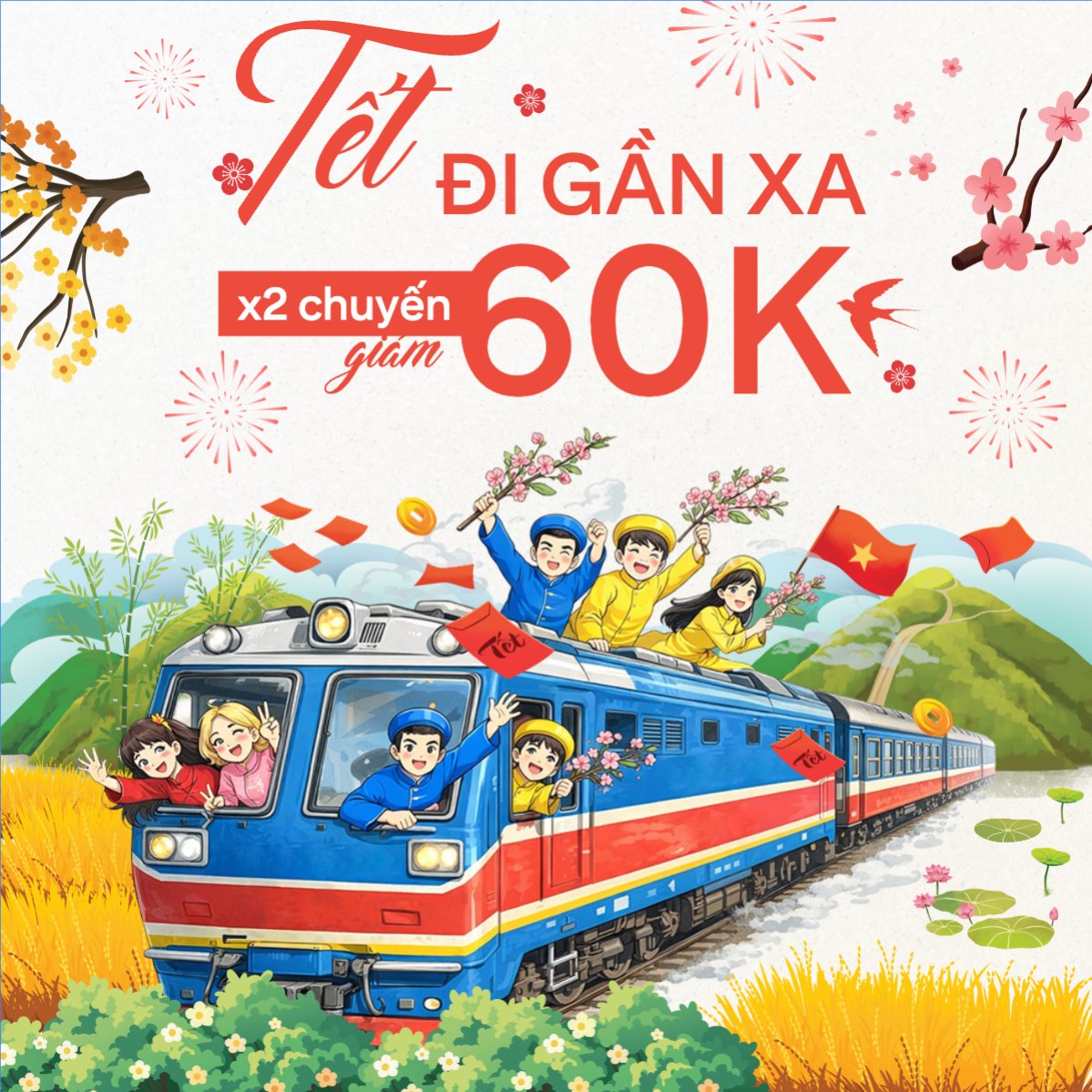 Mẫu Bài post MXH vuông Tết đi gần xa x2 chuyến giảm 60k — LayerPic
