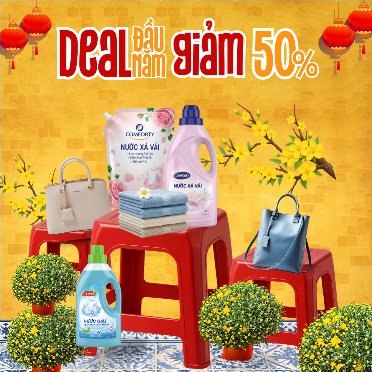 Mẫu Bài post MXH vuông Deal đầu năm giảm 50% — LayerPic