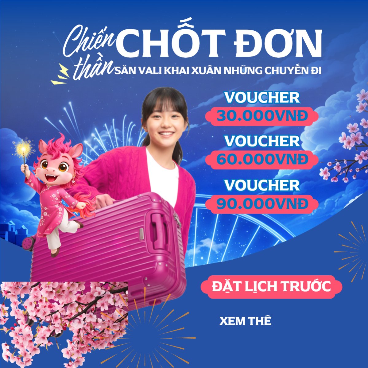 Mẫu Bài post MXH vuông Chiến thần chốt đơn săn vali khai xuân những chuyến đi — LayerPic