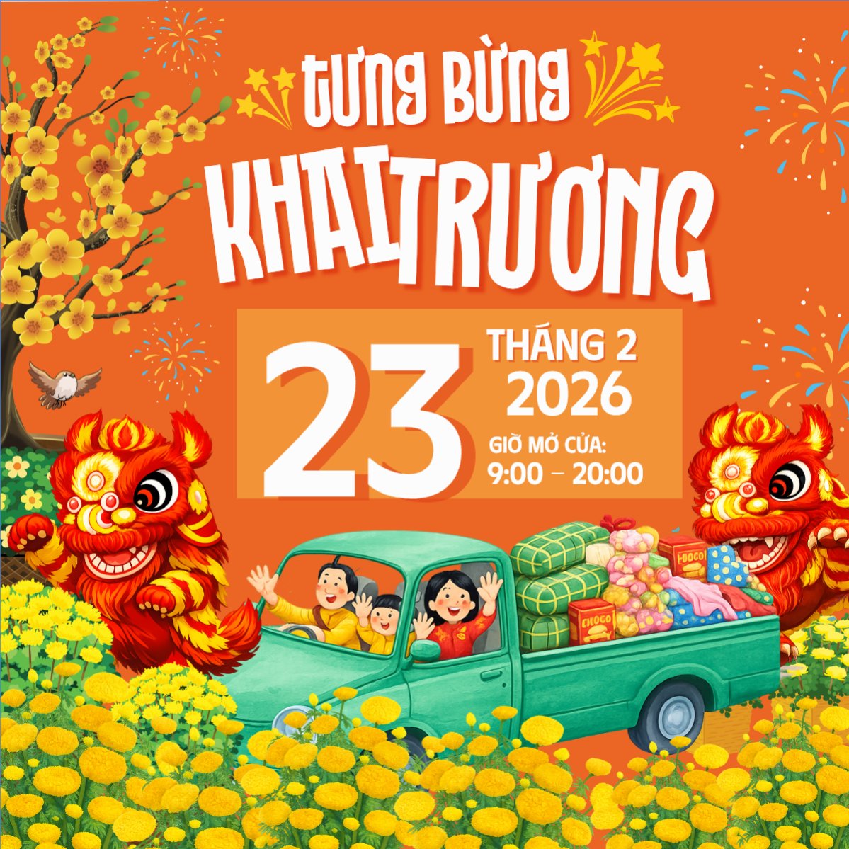 Mẫu Bài post MXH vuông Tưng bừng khai trương — LayerPic