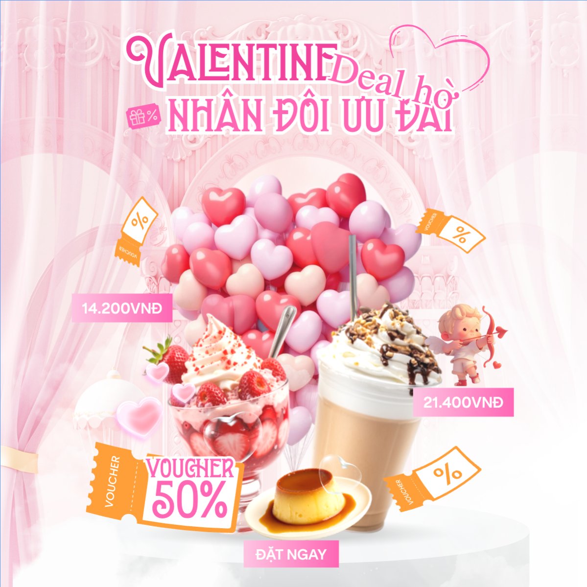 Mẫu Bài post MXH vuông Valentine deal hời nhân đôi ưu đãi — LayerPic