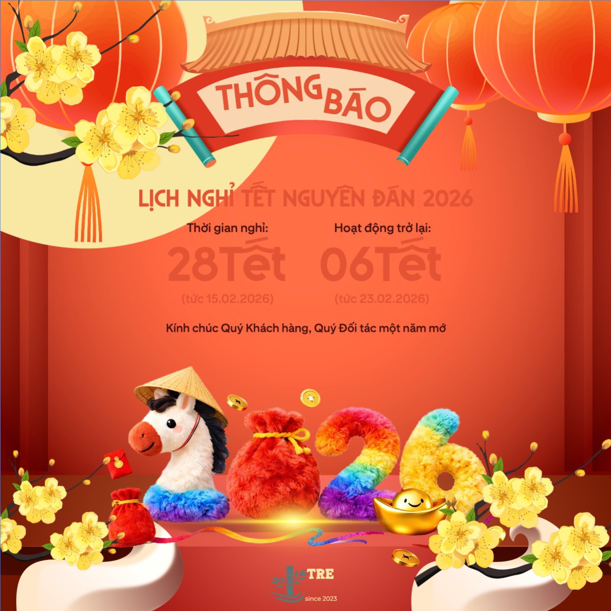 Mẫu Bài post MXH vuông Thông báo lịch nghỉ tết nguyên đán Bính Ngọ 2026 — LayerPic
