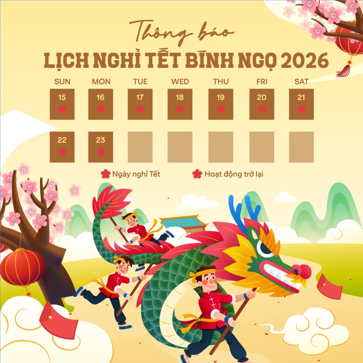 Mẫu Bài post MXH vuông Thông báo lịch nghỉ tết nguyên đán Bính Ngọ 2026 — LayerPic