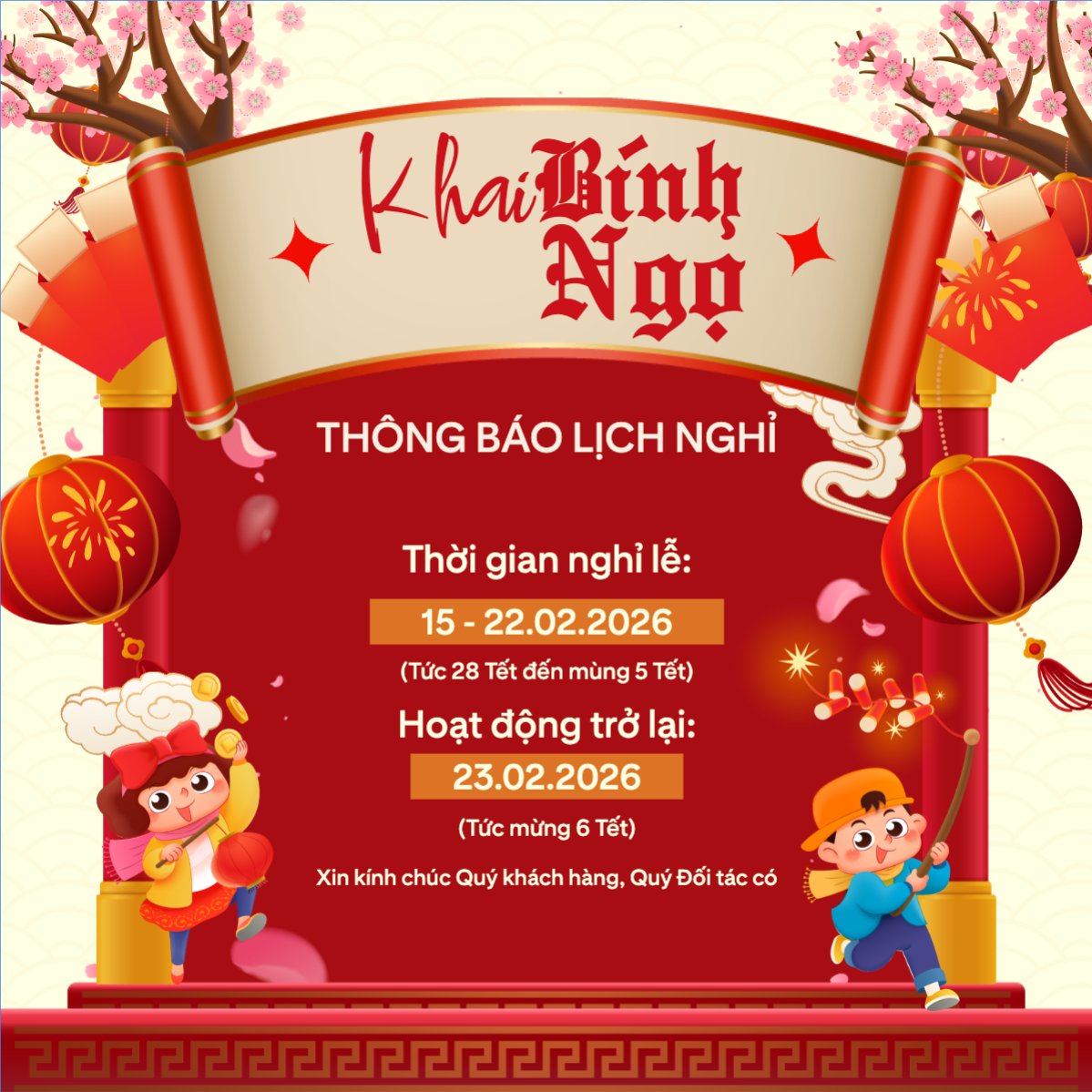 Mẫu Bài post MXH vuông Thông báo lịch nghỉ tết nguyên đán Bính Ngọ 2026 — LayerPic