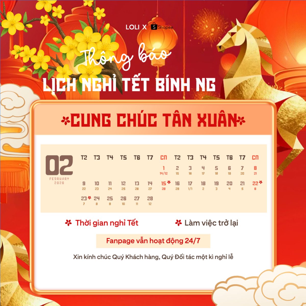 Mẫu Bài post MXH vuông Thông báo lịch nghỉ tết nguyên đán Bính Ngọ 2026 — LayerPic