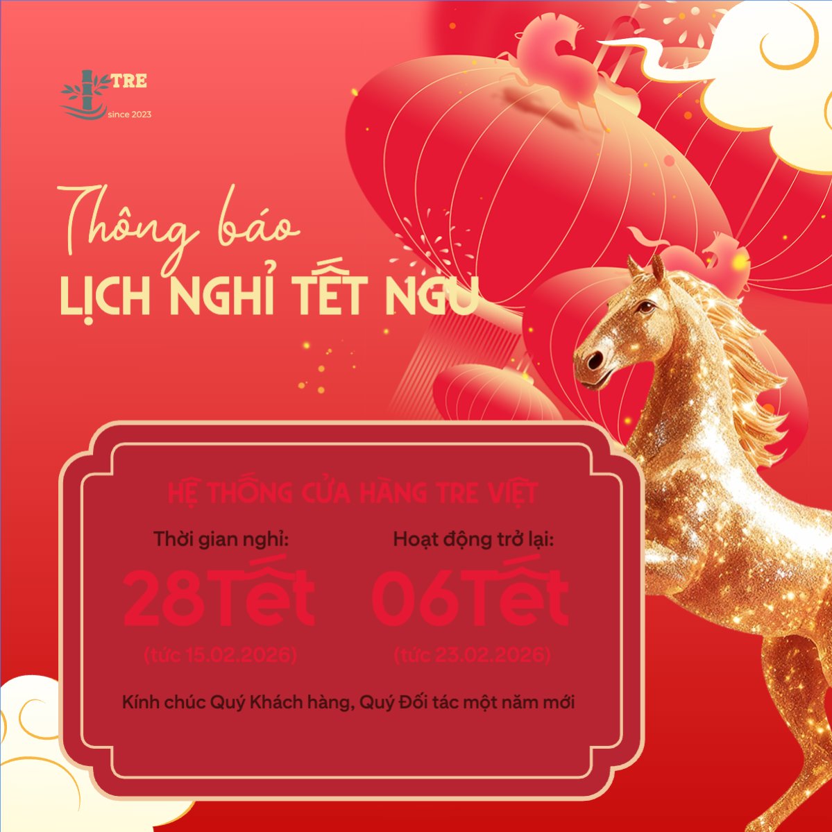 Mẫu Bài post MXH vuông Thông báo lịch nghỉ tết nguyên đán Bính Ngọ 2026 — LayerPic
