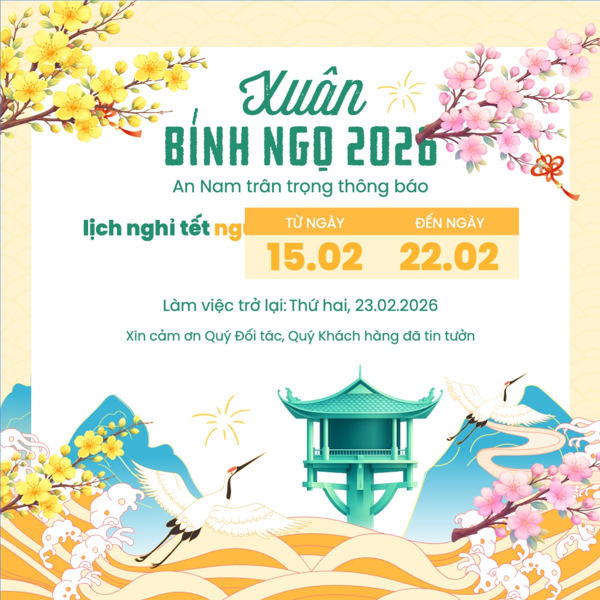 Mẫu Bài post MXH vuông Thông báo lịch nghỉ tết nguyên đán Bính Ngọ 2026 — LayerPic