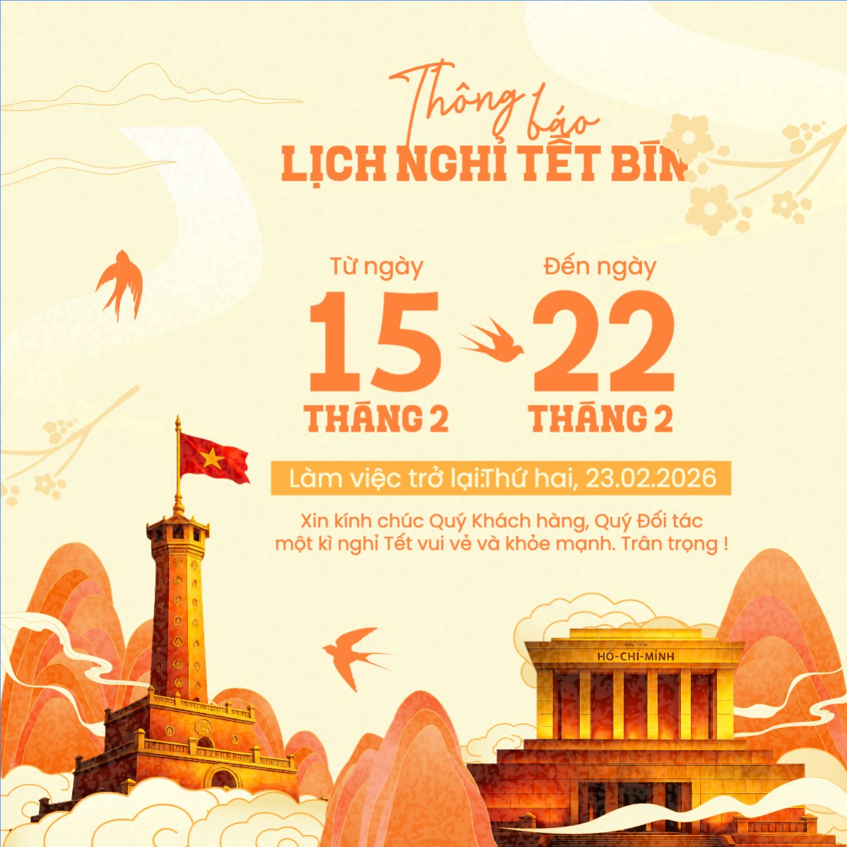 Mẫu Bài post MXH vuông Thông báo lịch nghỉ tết nguyên đán Bính Ngọ 2026 — LayerPic