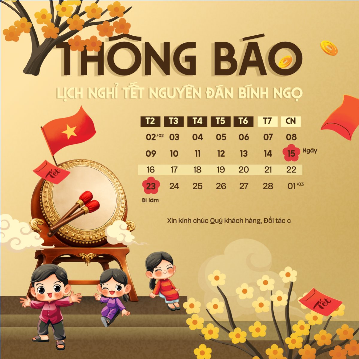Mẫu Bài post MXH vuông Thông báo lịch nghỉ tết nguyên đán Bính Ngọ 2026 — LayerPic