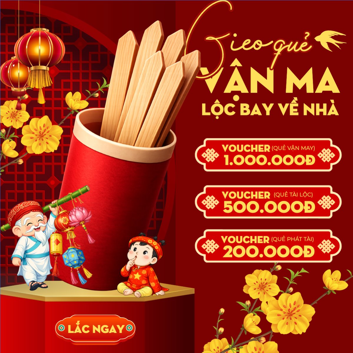 Mẫu Bài post MXH vuông Gieo quẻ vận may lộc bay về nhà — LayerPic