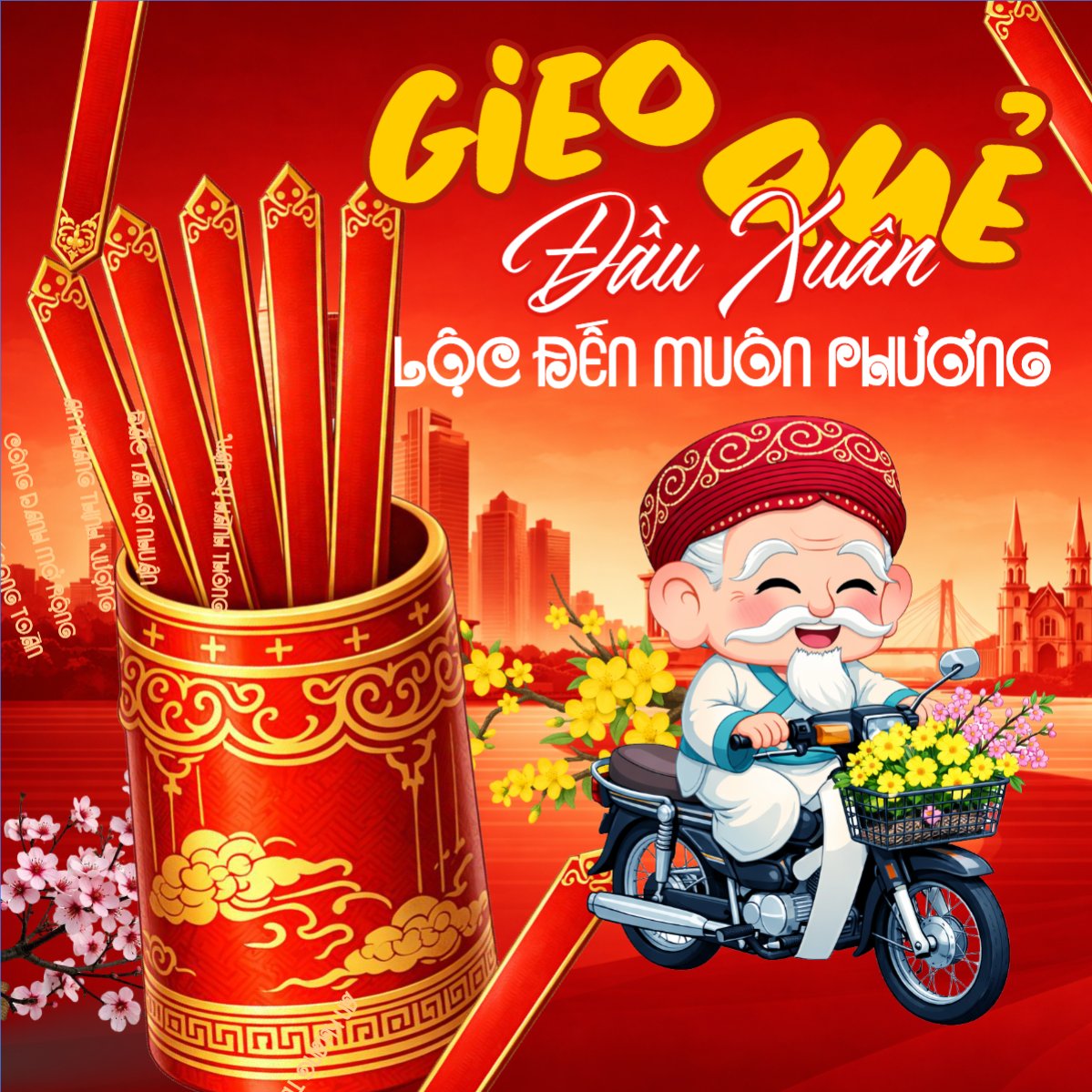 Mẫu Bài post MXH vuông Gieo quẻ đầu xuân lộc đến muôn phương — LayerPic