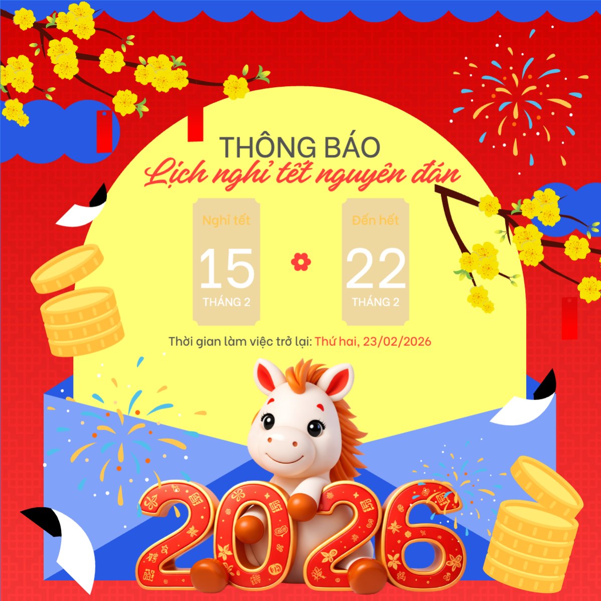 Mẫu Bài post MXH vuông Thông báo lịch nghỉ tết nguyên đán Bính Ngọ 2026 — LayerPic