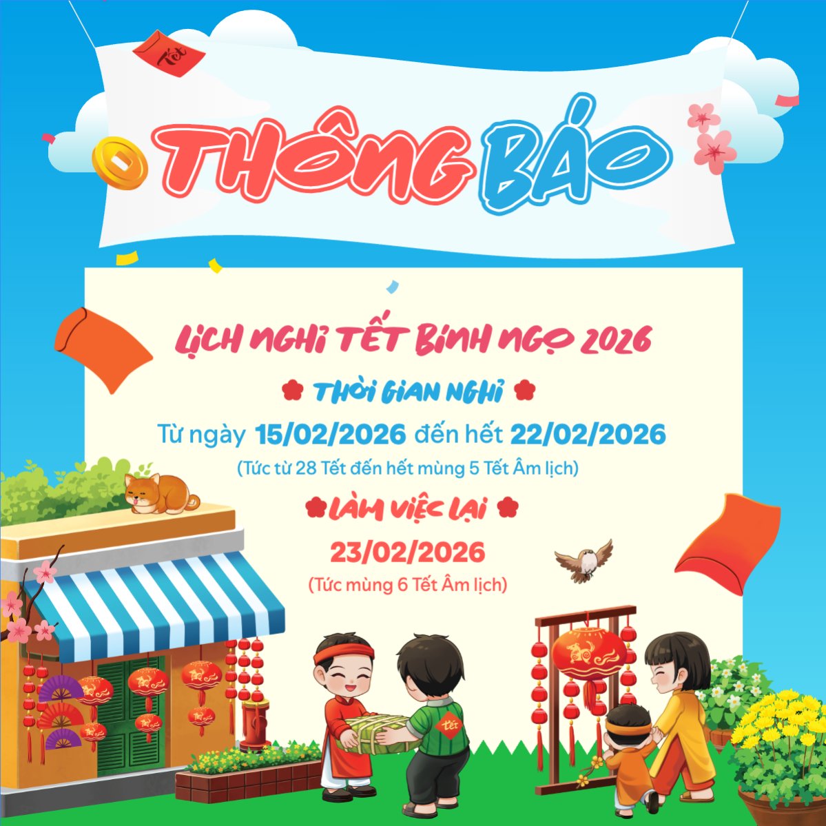 Mẫu Bài post MXH vuông Thông báo lịch nghỉ tết nguyên đán Bính Ngọ 2026 — LayerPic
