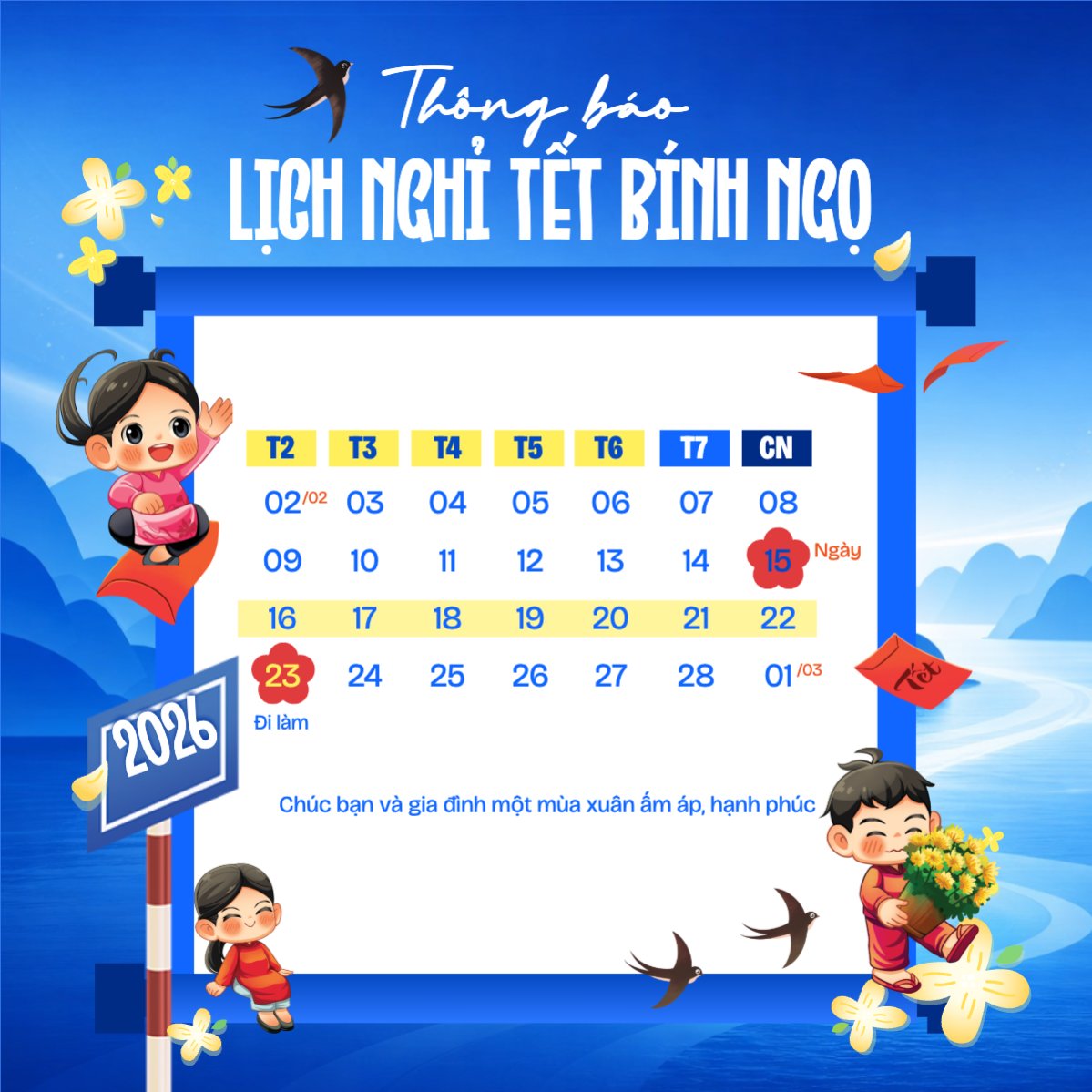 Mẫu Bài post MXH vuông Thông báo lịch nghỉ tết nguyên đán Bính Ngọ 2026 — LayerPic