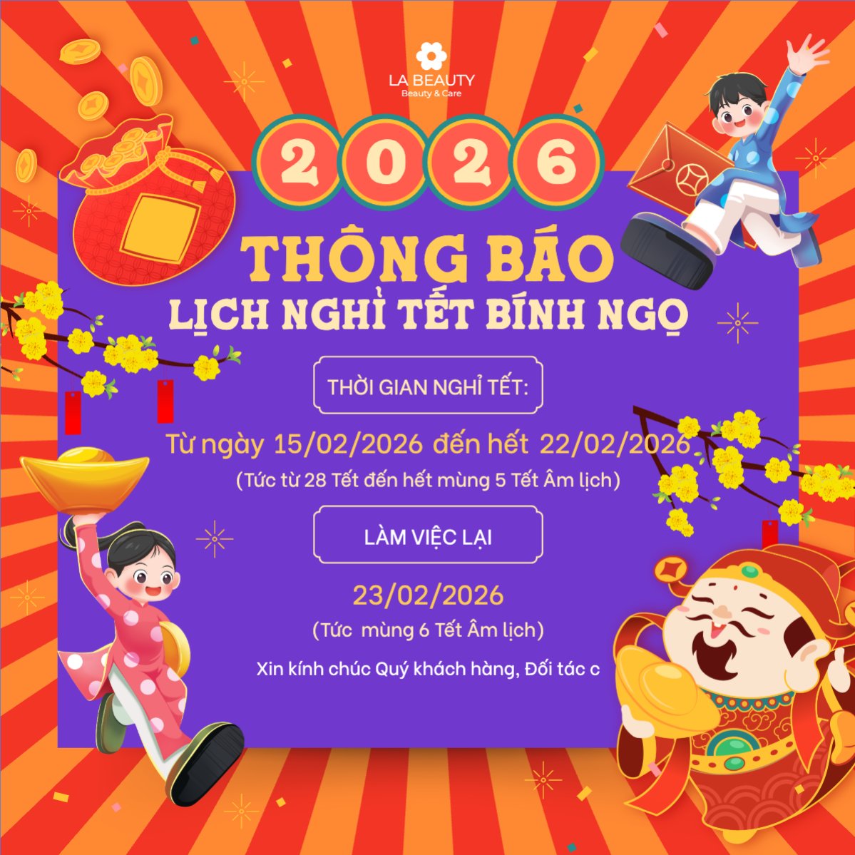 Mẫu Bài post MXH vuông Thông báo lịch nghỉ tết nguyên đán Bính Ngọ 2026 — LayerPic