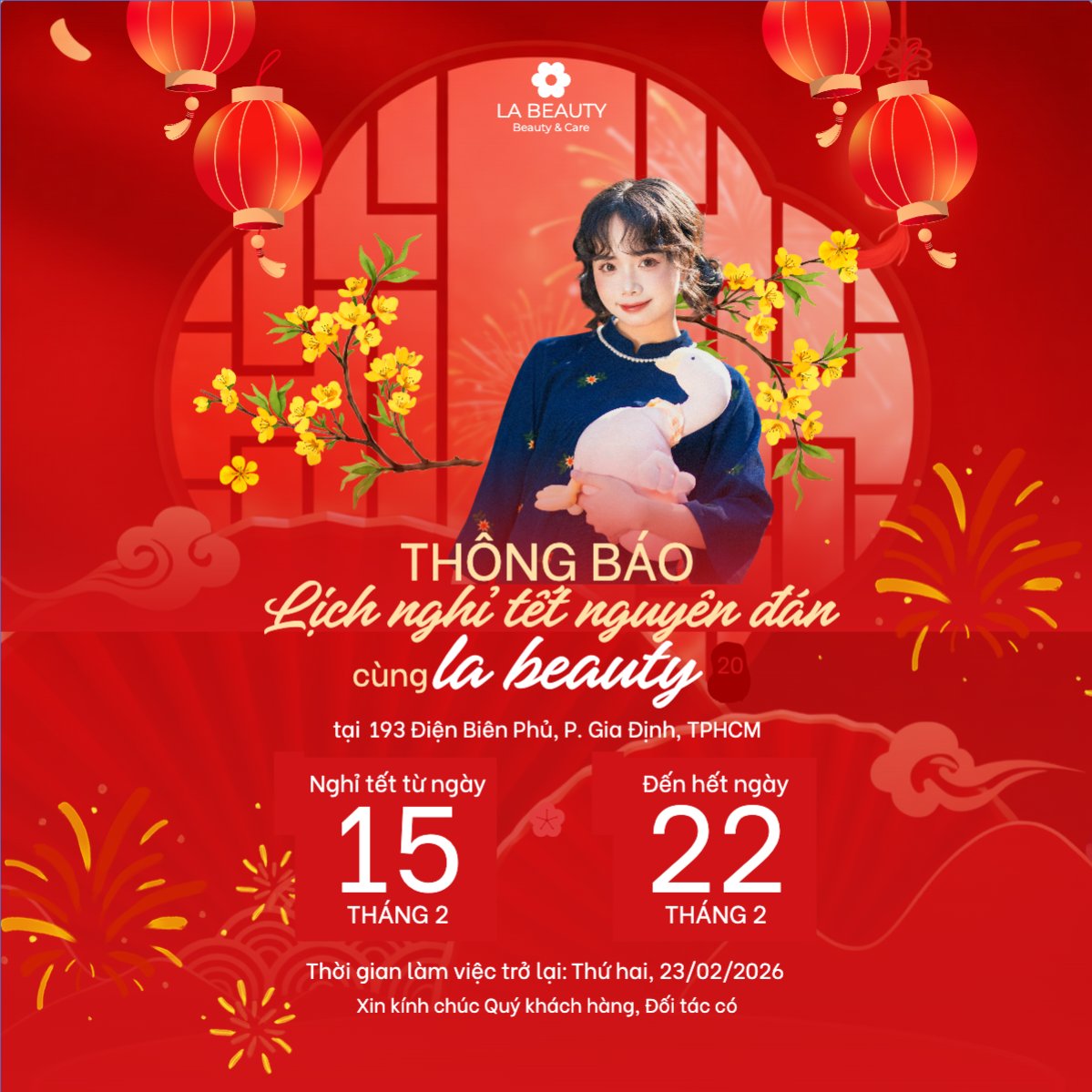 Mẫu Bài post MXH vuông Thông báo lịch nghỉ tết nguyên đán Bính Ngọ 2026 — LayerPic