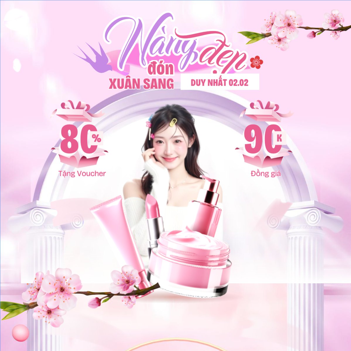 Mẫu Bài post MXH vuông Nàng đẹp đón xuân sang duy nhất 02.02 — LayerPic