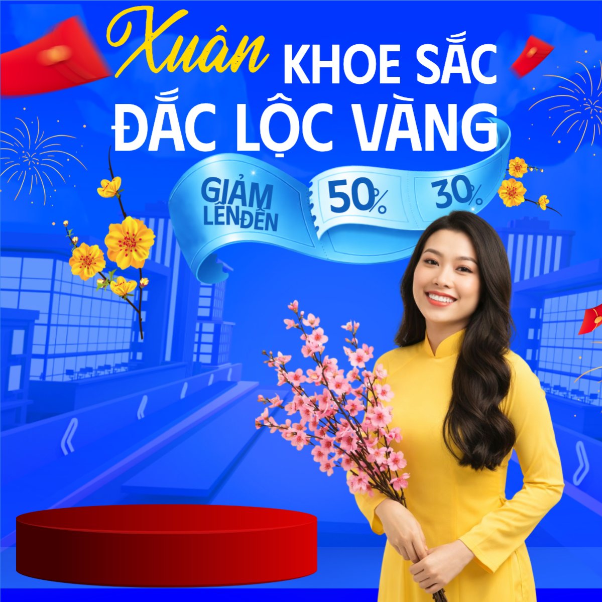 Mẫu Bài post MXH vuông Xuân khoe sắc đắc lộc vàng — LayerPic