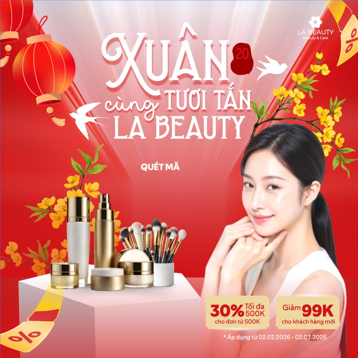 Mẫu Bài post MXH vuông Xuân 2026 tươi tắn cùng La Beauty — LayerPic