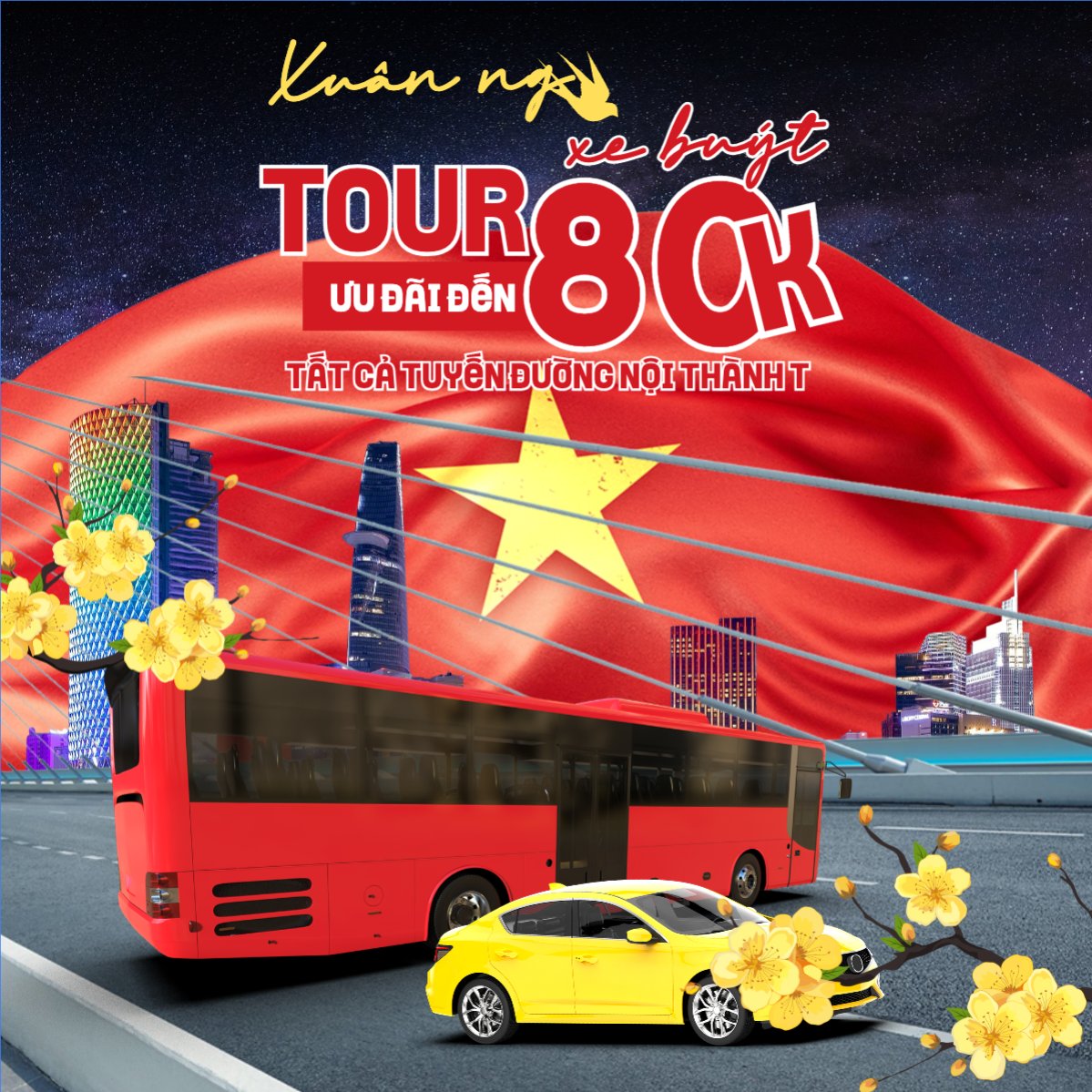Mẫu Bài post MXH vuông Xuân ngao du tour xe buýt ưu đãi 80K — LayerPic