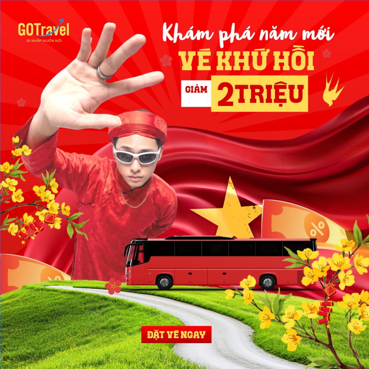Mẫu Bài post MXH vuông Khám phá năm mới vé khứ hồi giảm 2 triệu — LayerPic
