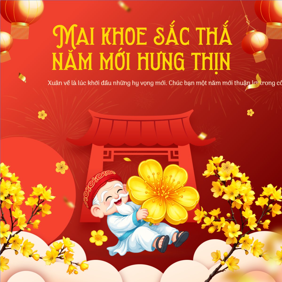 Mẫu Bài post MXH vuông Mai khoe sắc thắm năm mới hưng thịnh — LayerPic