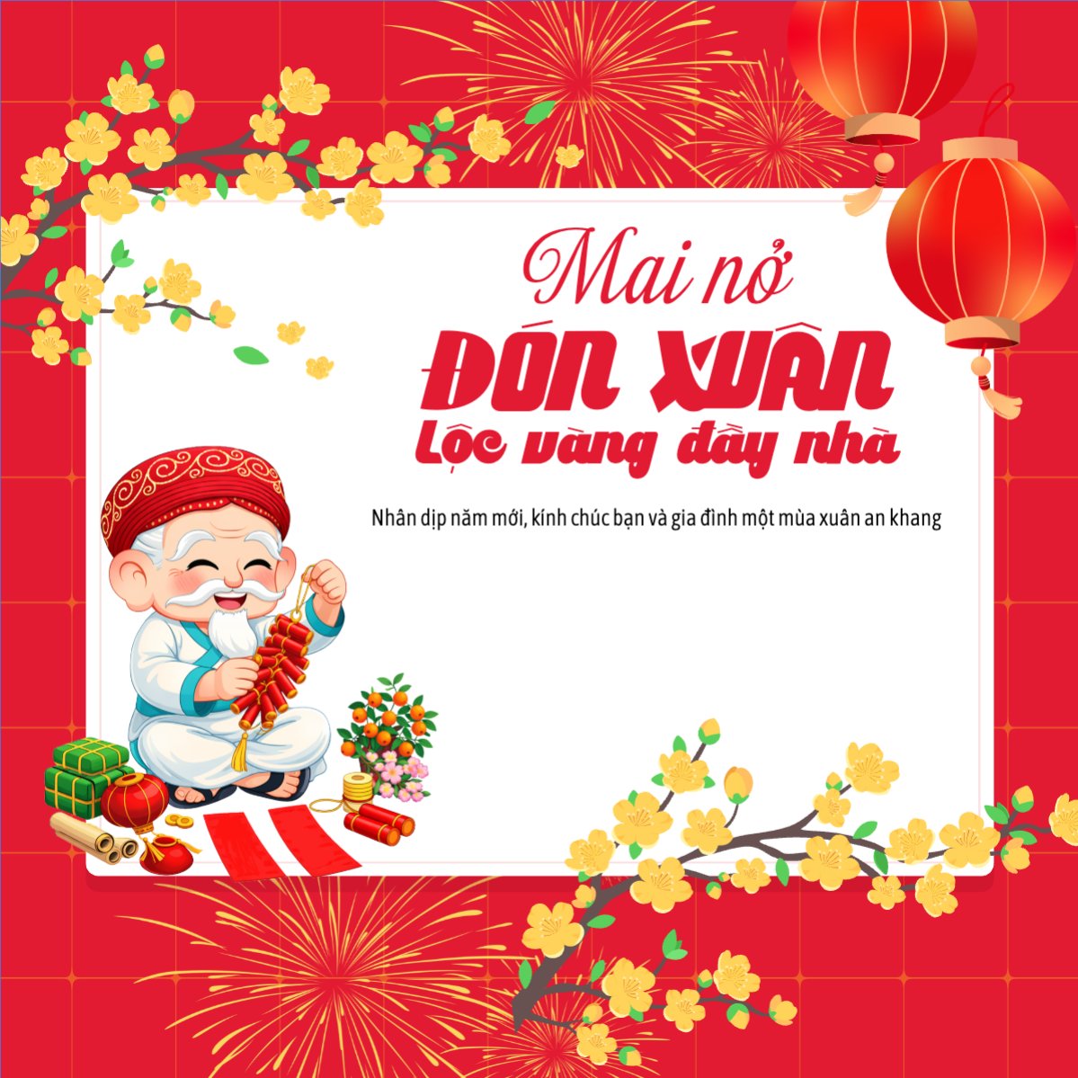 Mẫu Bài post MXH vuông Mai nở đón xuân lộc vàng đầy nhà — LayerPic
