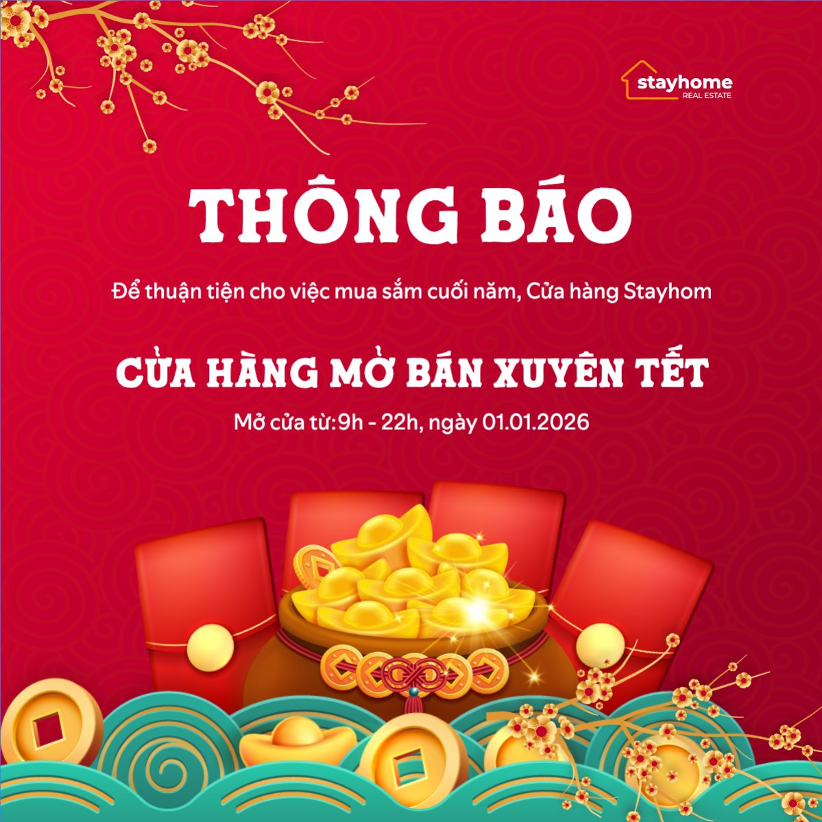 Mẫu Bài post MXH vuông Thông báo mở cửa xuyên Tết — LayerPic