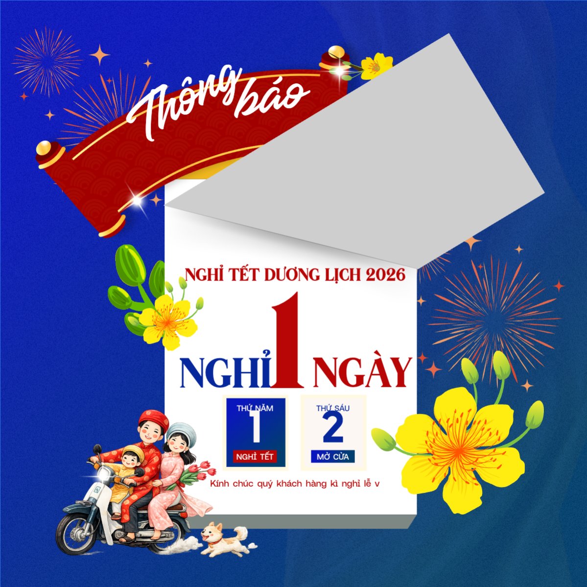 Mẫu Bài post MXH vuông Thông báo lịch nghỉ Tết dương lịch 2026 — LayerPic
