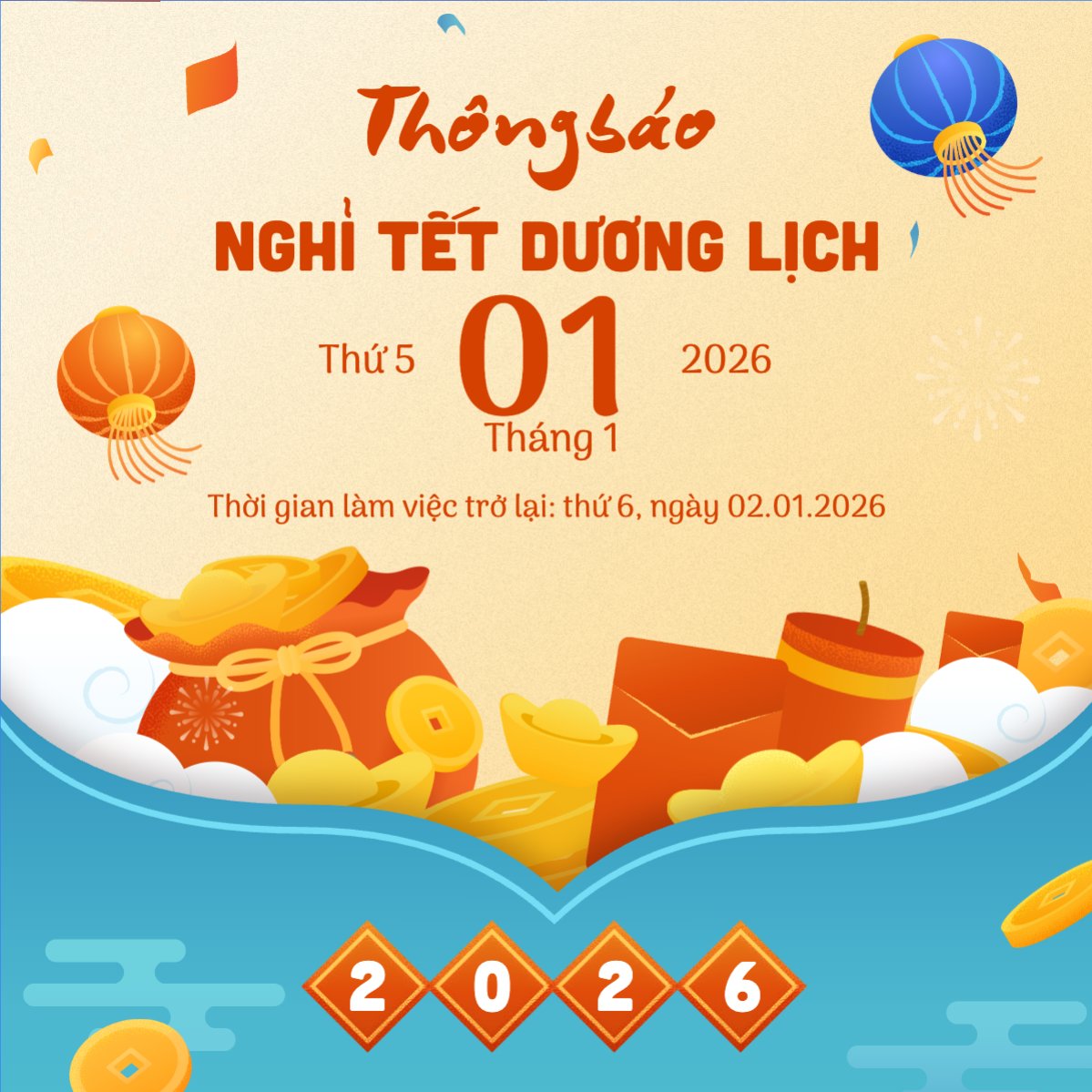 Mẫu Bài post MXH vuông Thông báo lịch nghỉ Tết dương lịch 2026 — LayerPic
