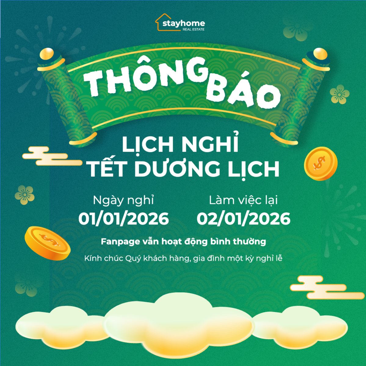 Mẫu Bài post MXH vuông Thông báo lịch nghỉ Tết dương lịch 2026 — LayerPic