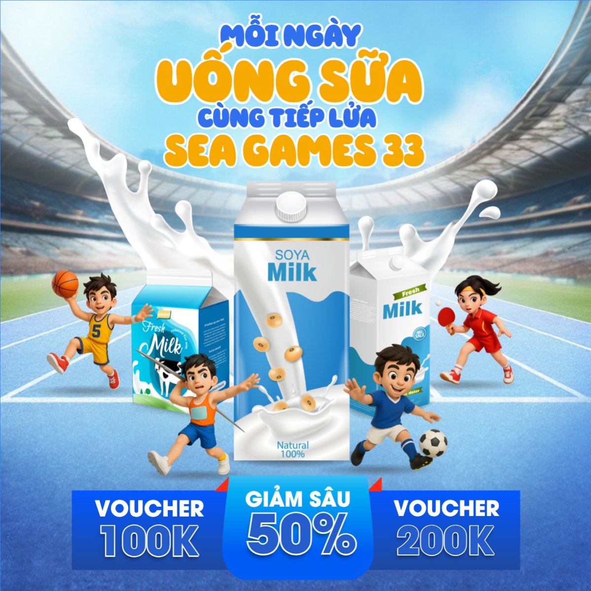 Mẫu Bài post MXH vuông Mỗi ngày uống sữa cùng tiếp lửa seagames 33 — LayerPic