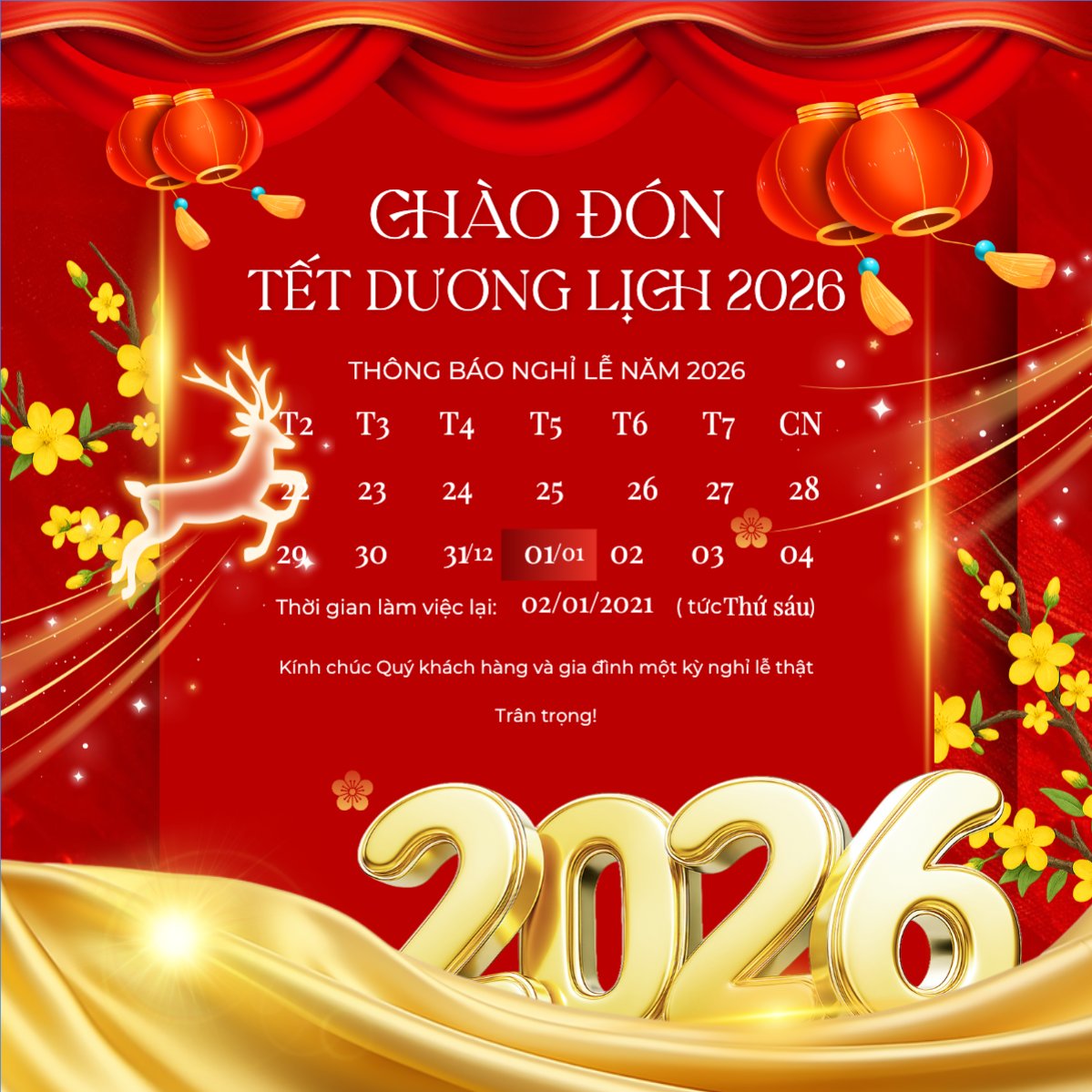 Mẫu Bài post MXH vuông Thông báo lịch nghỉ Tết dương lịch 2026 — LayerPic