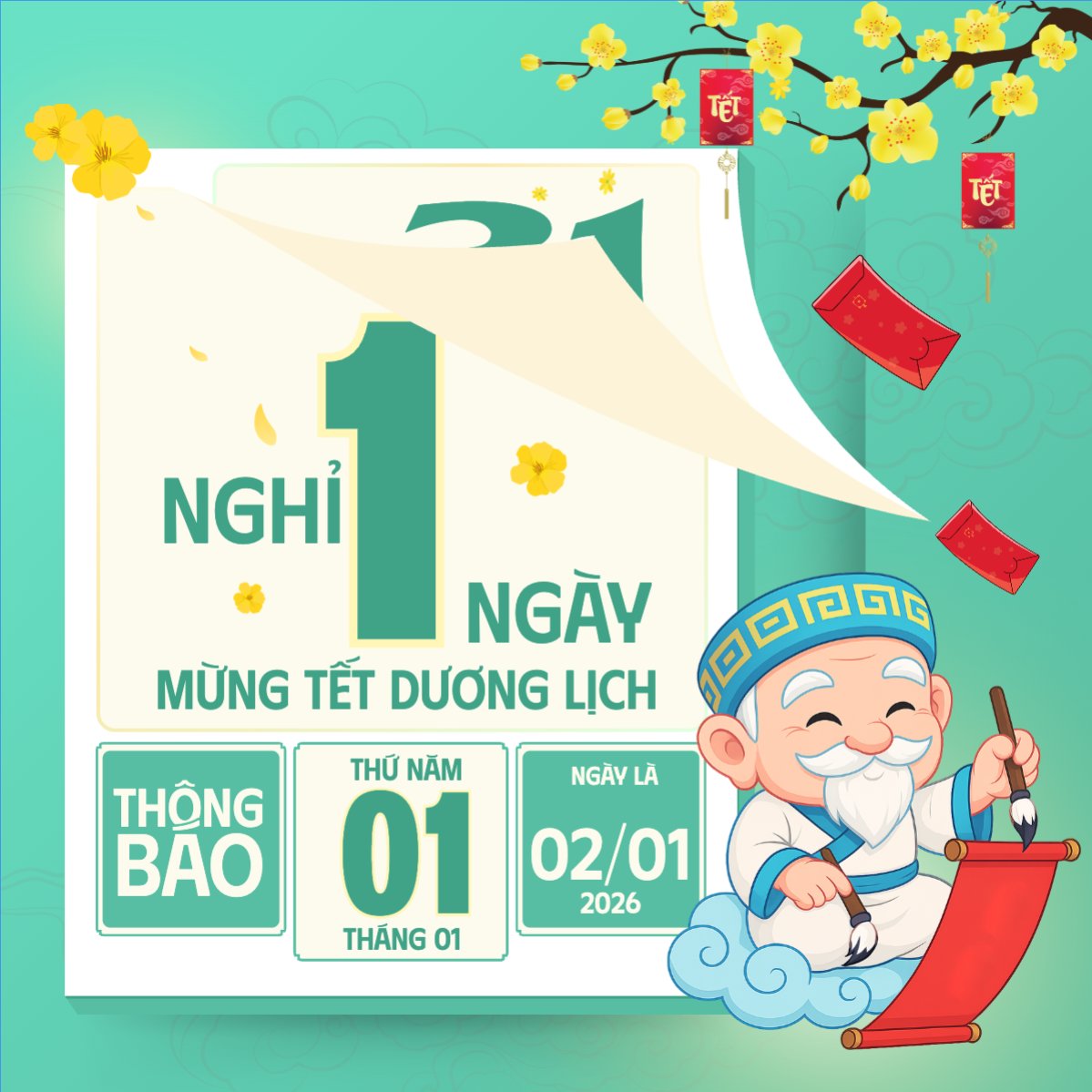 Mẫu Bài post MXH vuông Nghỉ tết dương lịch 1 ngày — LayerPic
