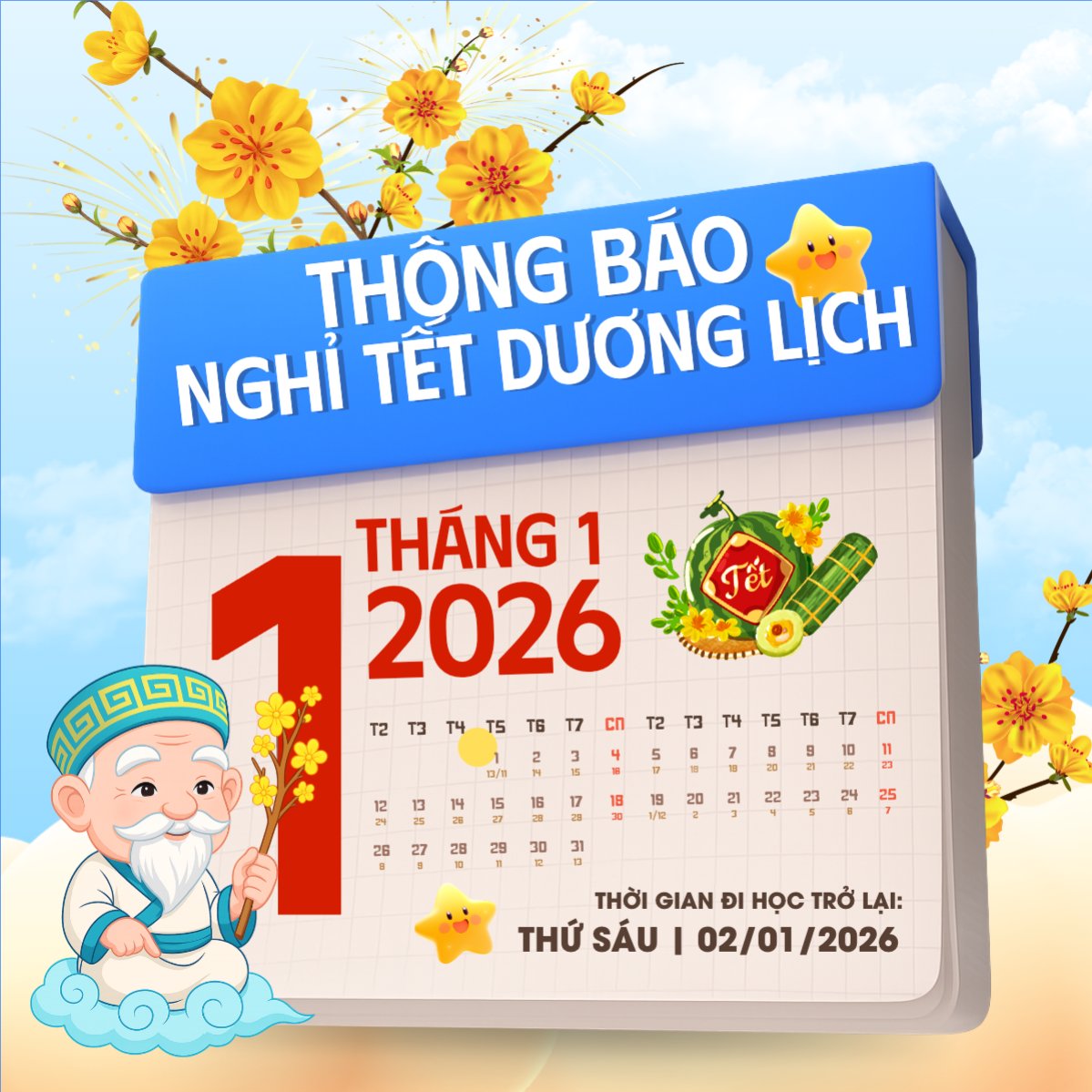 Mẫu Bài post MXH vuông Thông báo nghỉ tết dương lịch — LayerPic