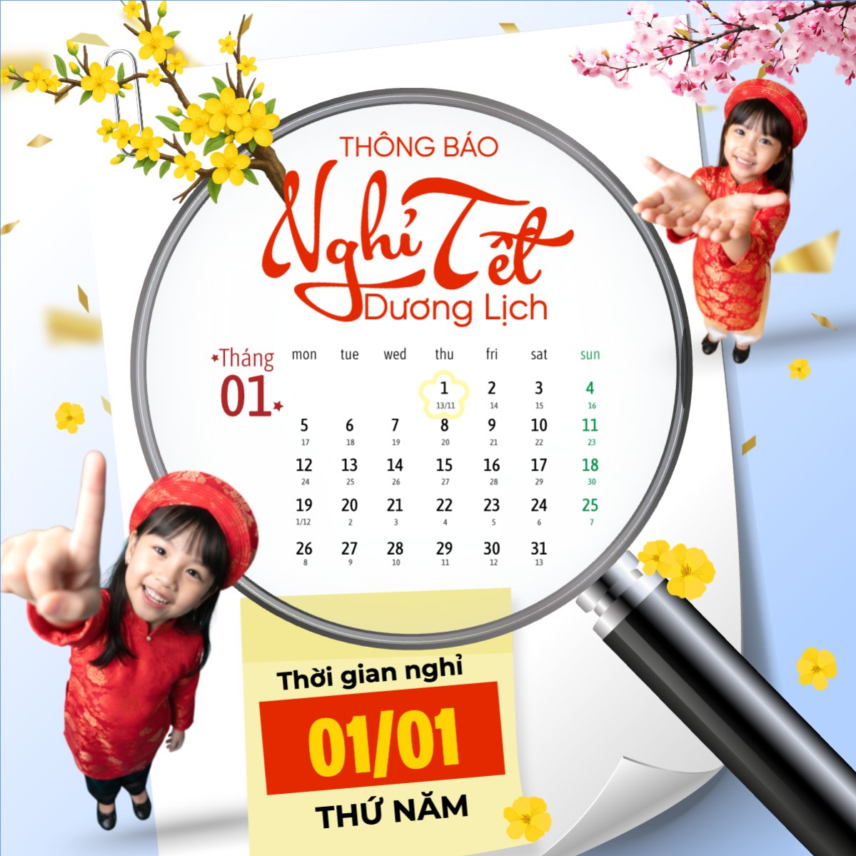 Mẫu Bài post MXH vuông Thông báo nghỉ tết dương lịch — LayerPic