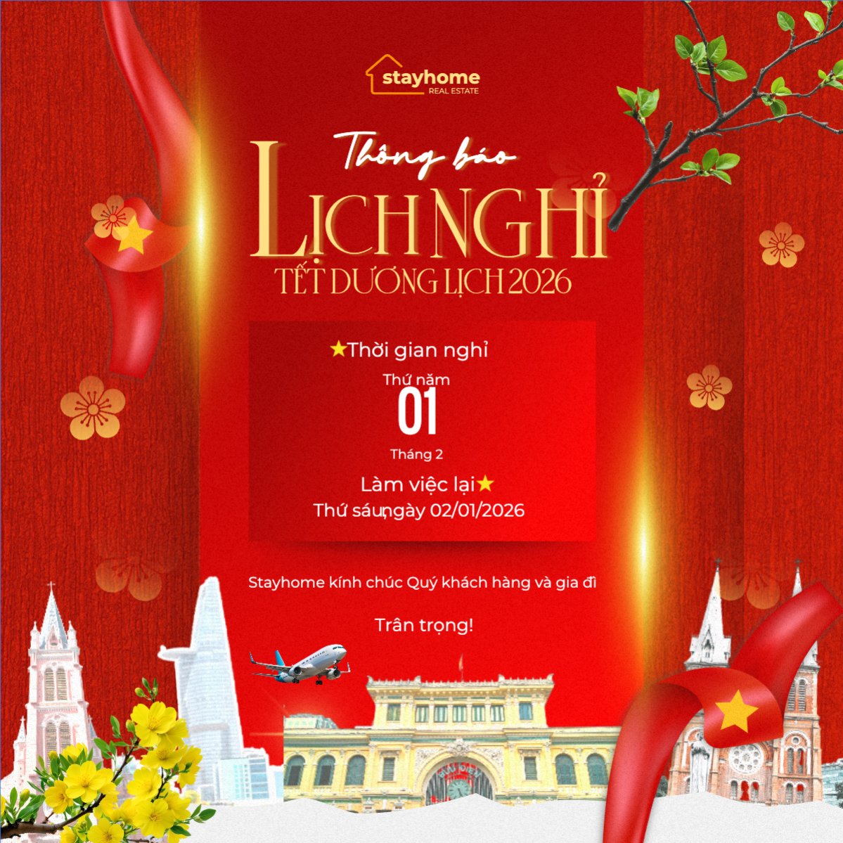 Mẫu Bài post MXH vuông Thông báo lịch nghỉ Tết dương lịch 2026 — LayerPic