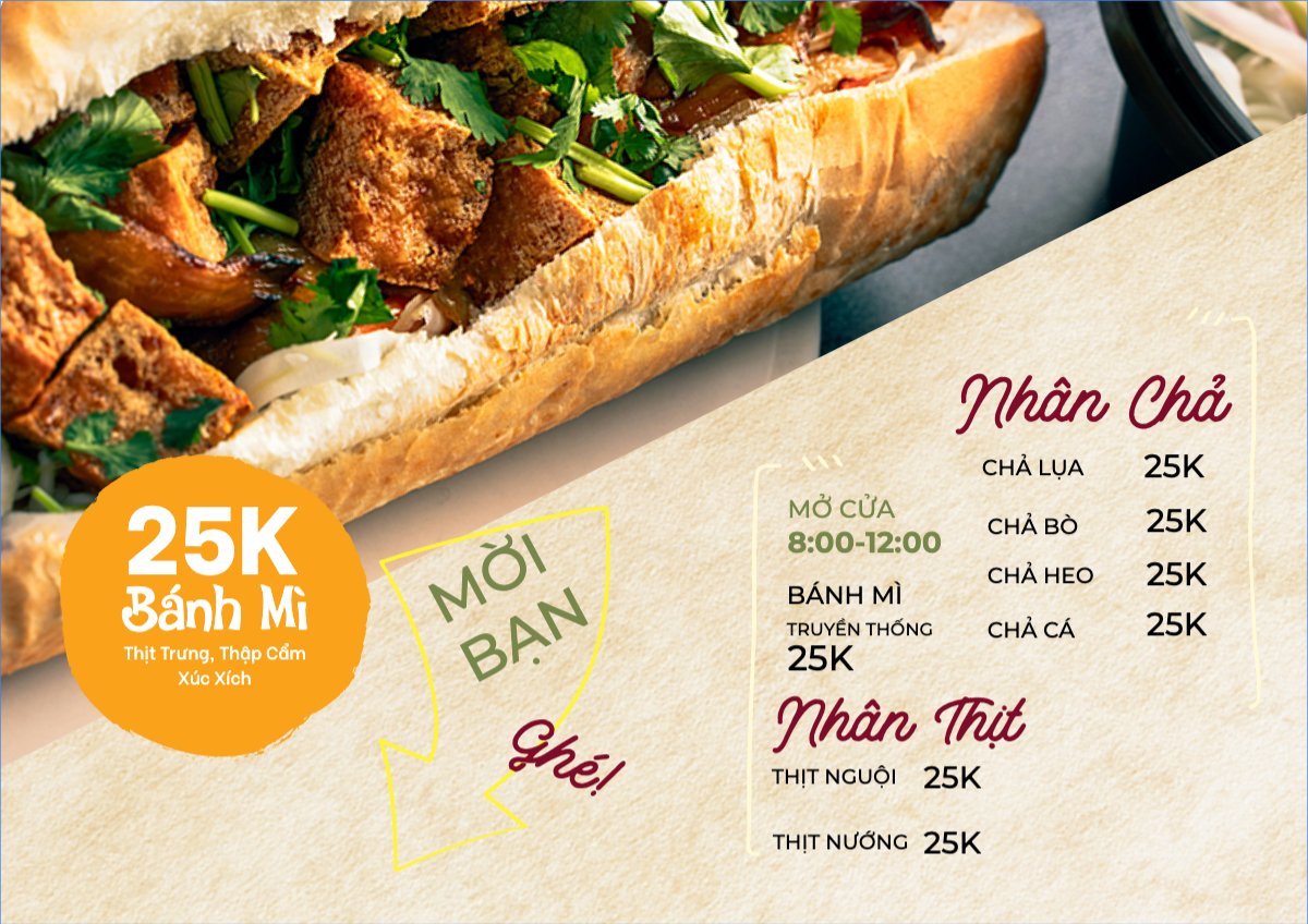 Mẫu Menu tờ rời (ngang) Đồ ăn, food, thực phẩm, ẩm thực, món ăn, F&B, nhà hàng, thức ăn, món ăn việt, bánh mì, bread — LayerPic