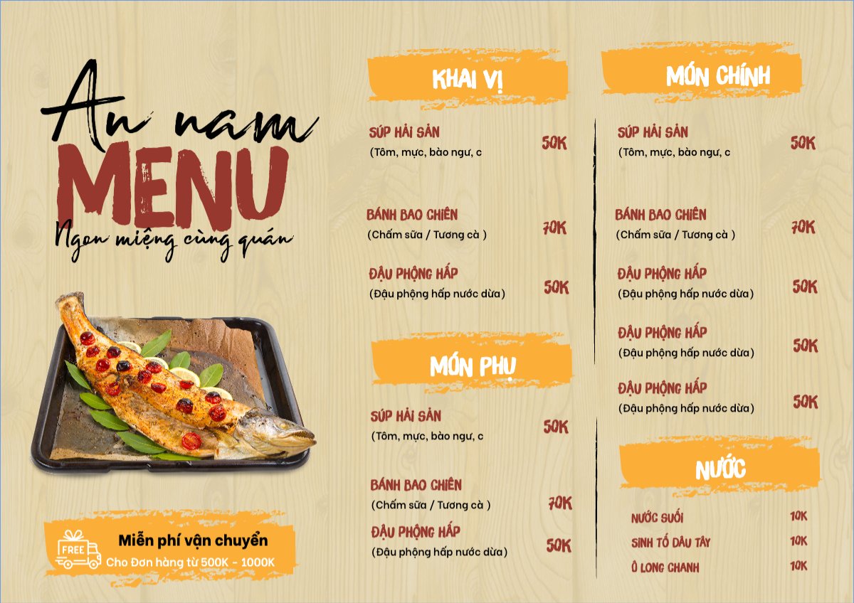 Mẫu Menu tờ rời (ngang) Đồ ăn, food, thực phẩm, ẩm thực, món ăn, F&B, nhà hàng, thức ăn — LayerPic