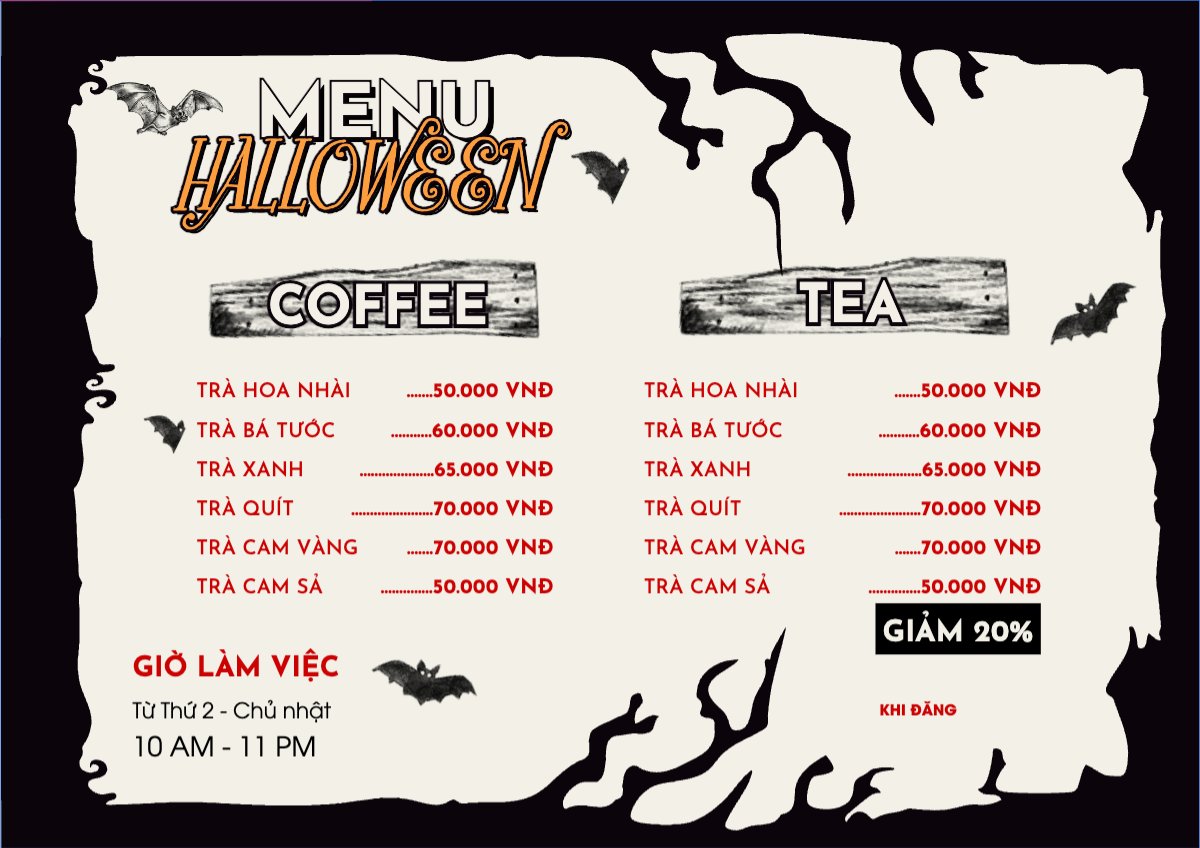 Mẫu Menu tờ rời (ngang) Halloween, lễ hội ma quái, nước uống, drink, ẩm thực, food, dễ thương, cute, chibi, hoạt hình, cartoon — LayerPic