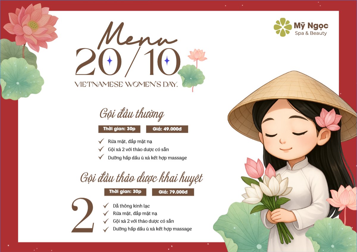 Mẫu Menu tờ rời (ngang) 20/10, Ngày phụ nữ Việt Nam, Vietnamese Women's Day, phụ nữ, sự kiện, event, dễ thương, cute, chibi, hoạt hình, cartoon — LayerPic