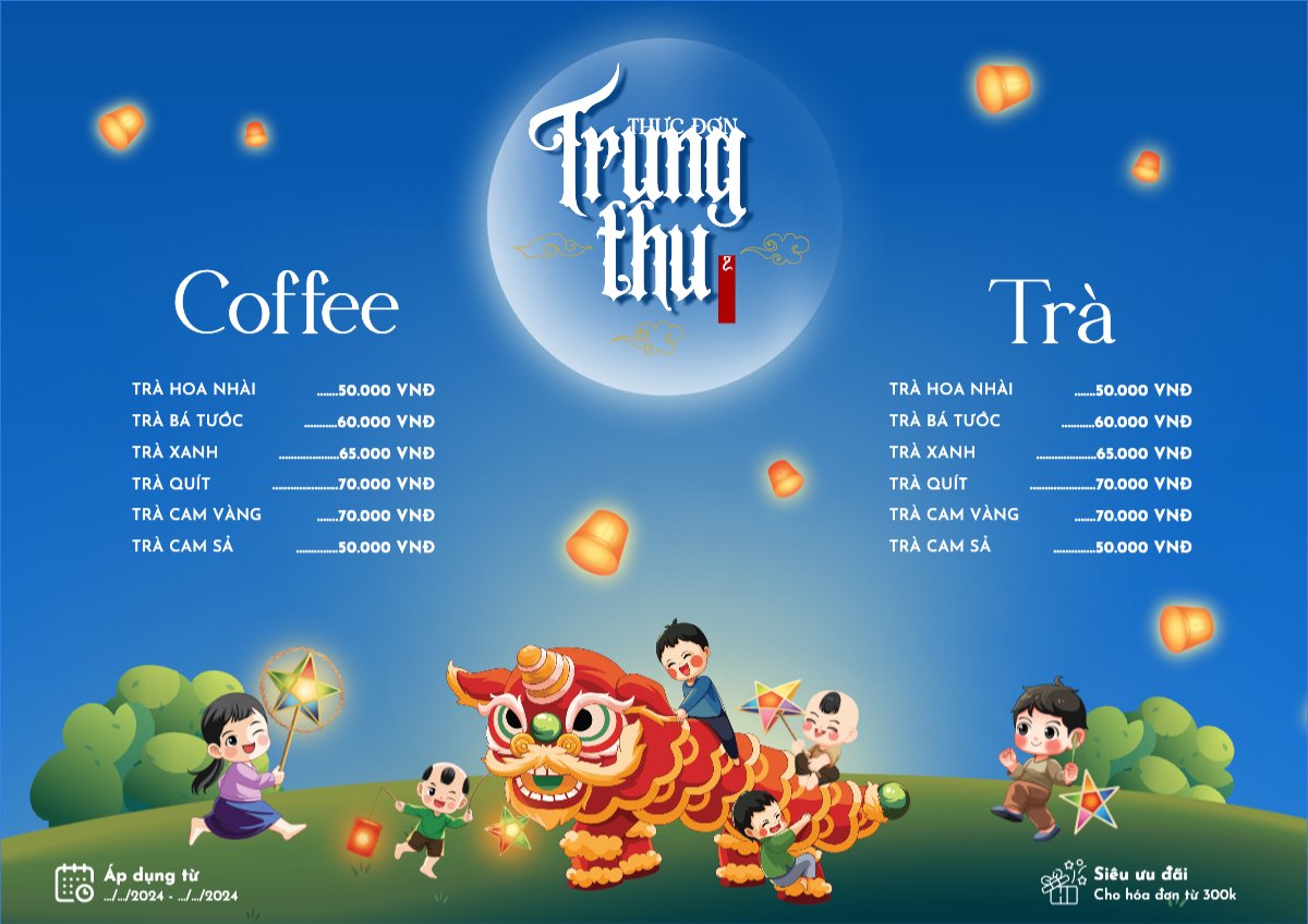 Mẫu Menu tờ rời (ngang) Trung thu, Tết Đoàn Viên, mid-autumn festival, nước uống, drink, ẩm thực, food, dễ thương, cute, chibi, hoạt hình, cartoon — LayerPic