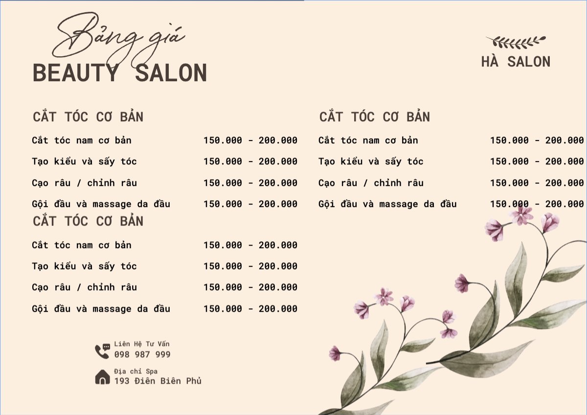Mẫu Menu tờ rời (ngang) Tiệm tóc, tiệm cắt tóc, salon, nail, spa, beauty, làm đẹp, thẩm mỹ — LayerPic