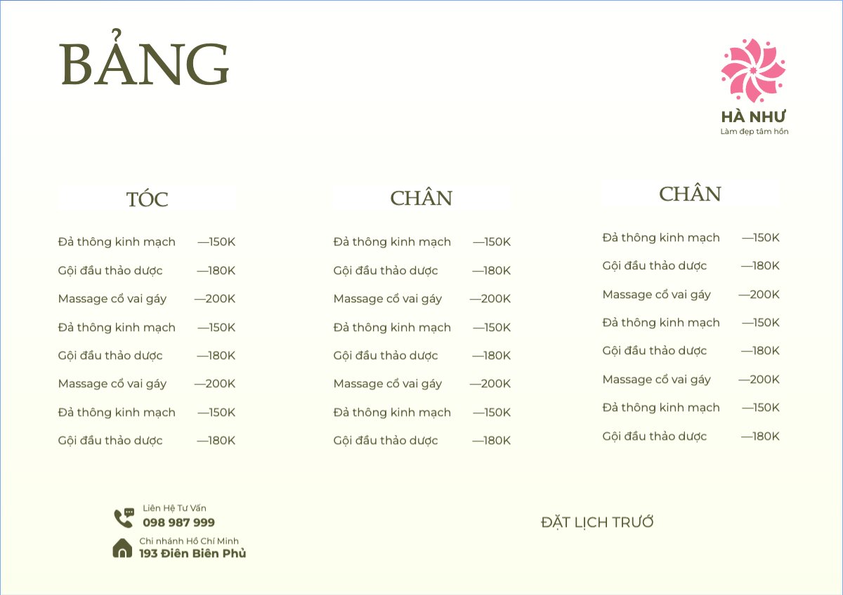 Mẫu Menu tờ rời (ngang) Tiệm tóc, tiệm cắt tóc, salon, nail, spa, beauty, làm đẹp, thẩm mỹ — LayerPic