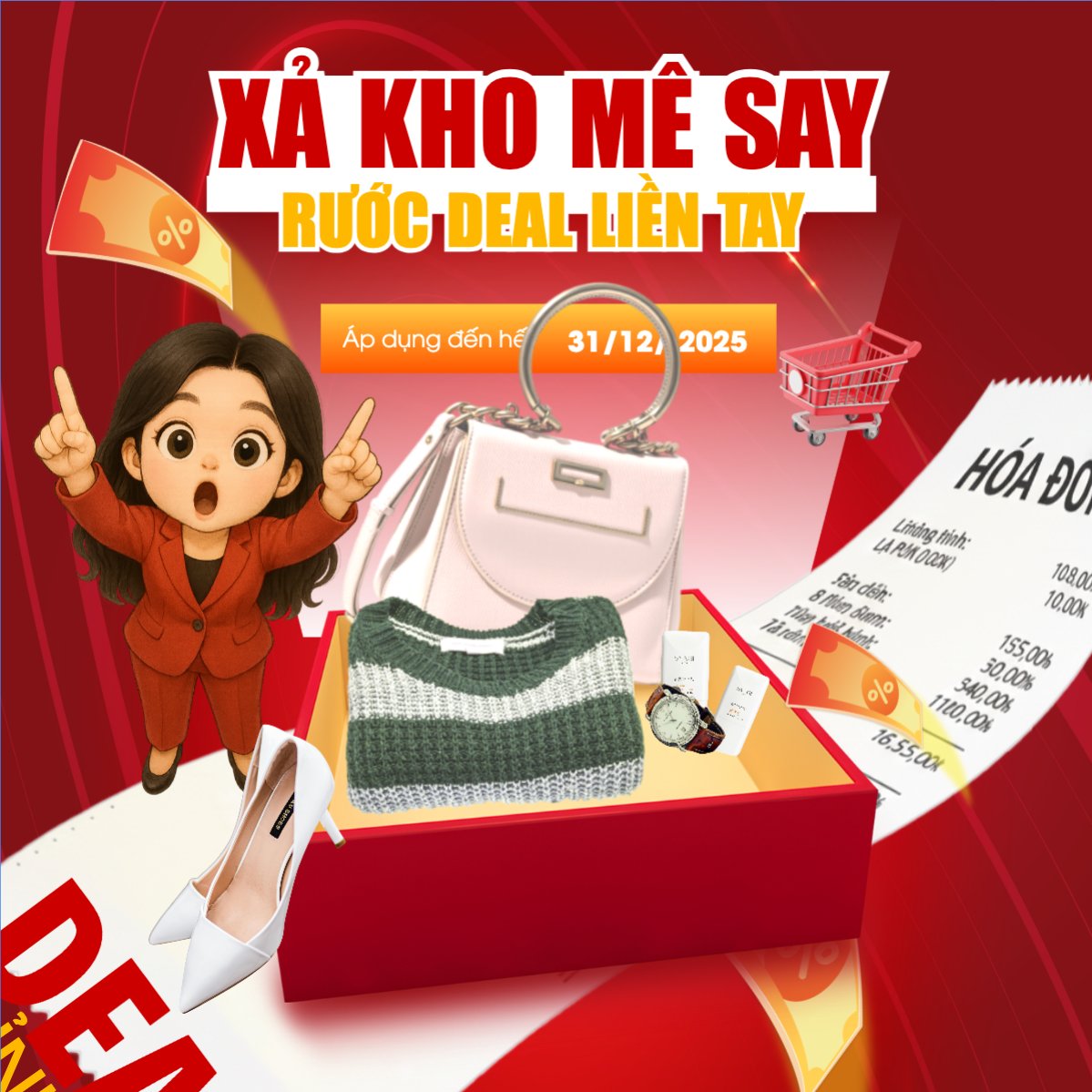 Mẫu Bài post MXH vuông Xả kho mê say rước deal liền tay — LayerPic