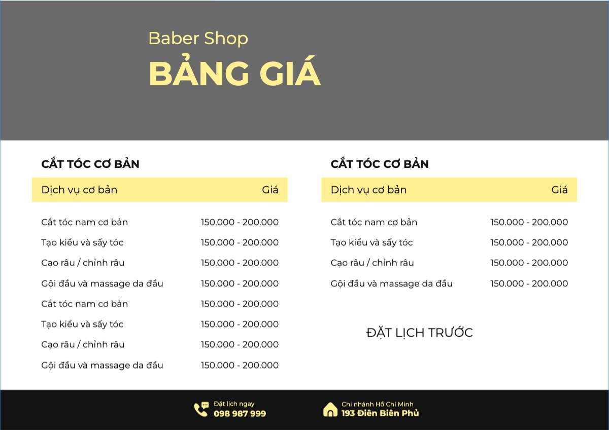 Mẫu Menu tờ rời (ngang) Tiệm tóc, tiệm cắt tóc, baber shop, cắt tóc nam, beauty, spa — LayerPic